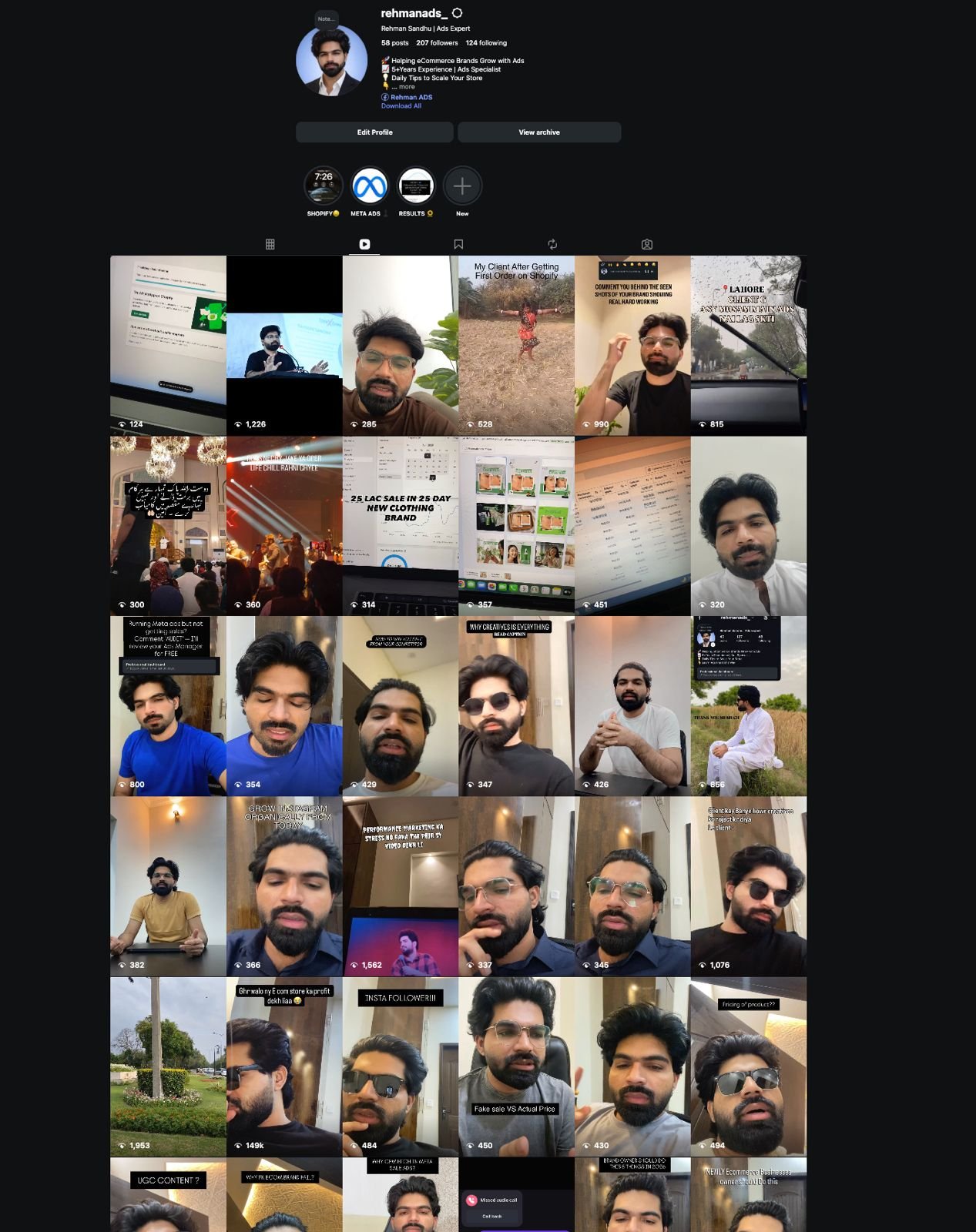 Rehman Sandhu Instagram profile showing performance marketing educational content